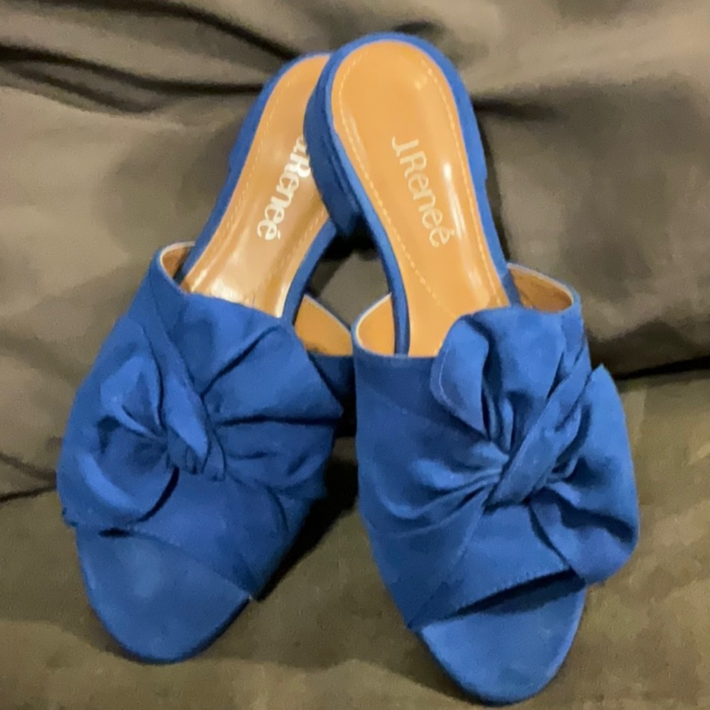 Sattuck cobalt blue suede flats mules slides bow front open peep toe 8W …
